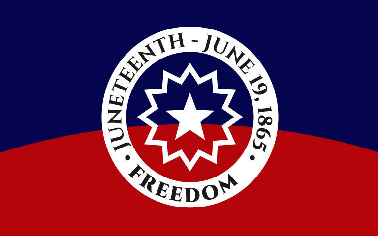 Juneteenth flag with text that reads Juneteenth - June 19, 1865 - Freedom