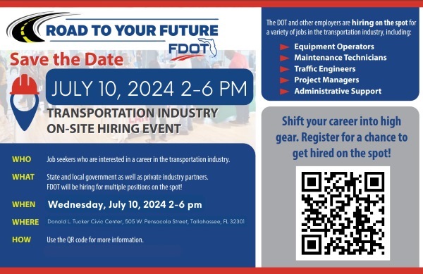 Road to Your Future Tallahassee Hiring Flyer. All information from this flyer is listed below.