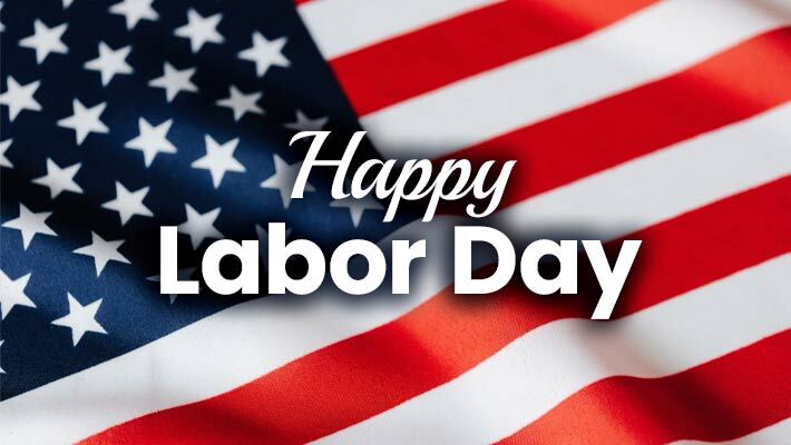 American flag in the background with the text Happy Labor Day.