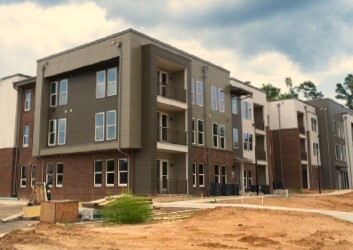 Corner view of an apartment complex.