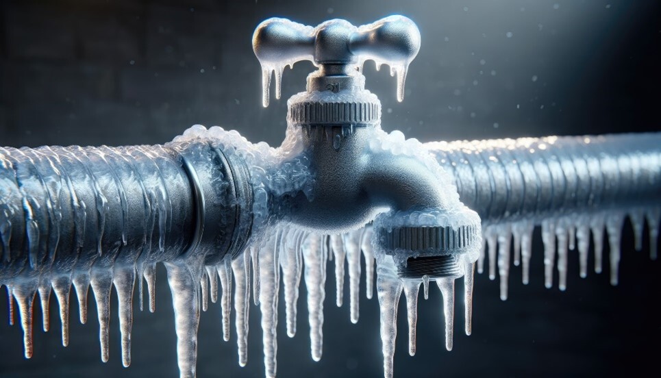 Faucet and pipes covered with ice.