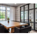 A dining room setup with a table and chairs.