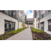 A sidewalk separating the apartments.